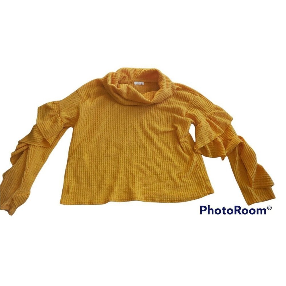 HEARTS & HIPS Sweater Ruffle Sleeves Yellow Mustard Lg Bohemian Ribbed Sleeves